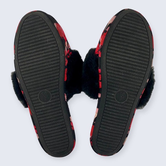 Victoria’s Secret Red Black Floral Rose Black Faux Fur Closed Toe Slipper M - Picture 5 of 8